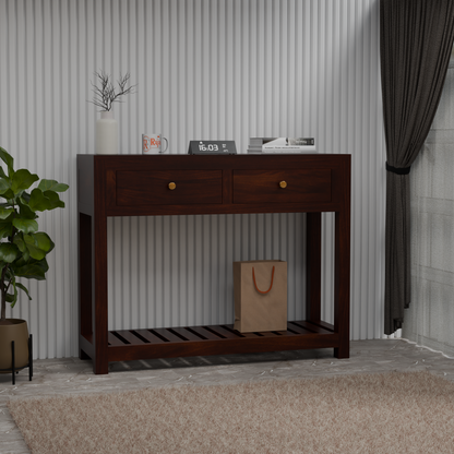 Solid Wood Two Drawer Console Unit with Table Top for Your Bedroom, Wooden Console for Bathroom in Natural Finish