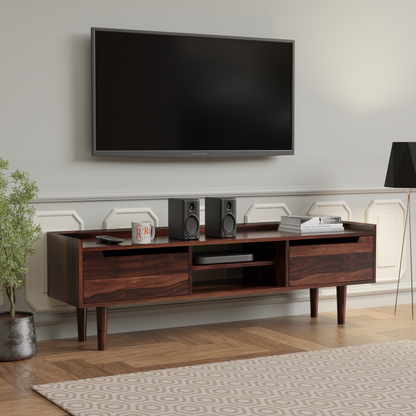 Solid Wood Two Door with one center wooden Shelf LCD cabinet with rustic legs in honey oak finish