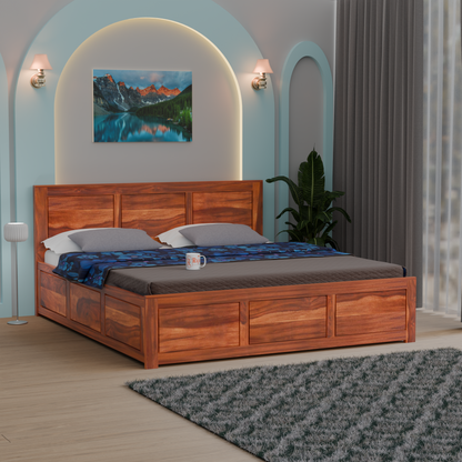 Solid Sheesham Wood King Size Bed with Headboard | Double Bed with Storage in Natural and Walnut Finish
