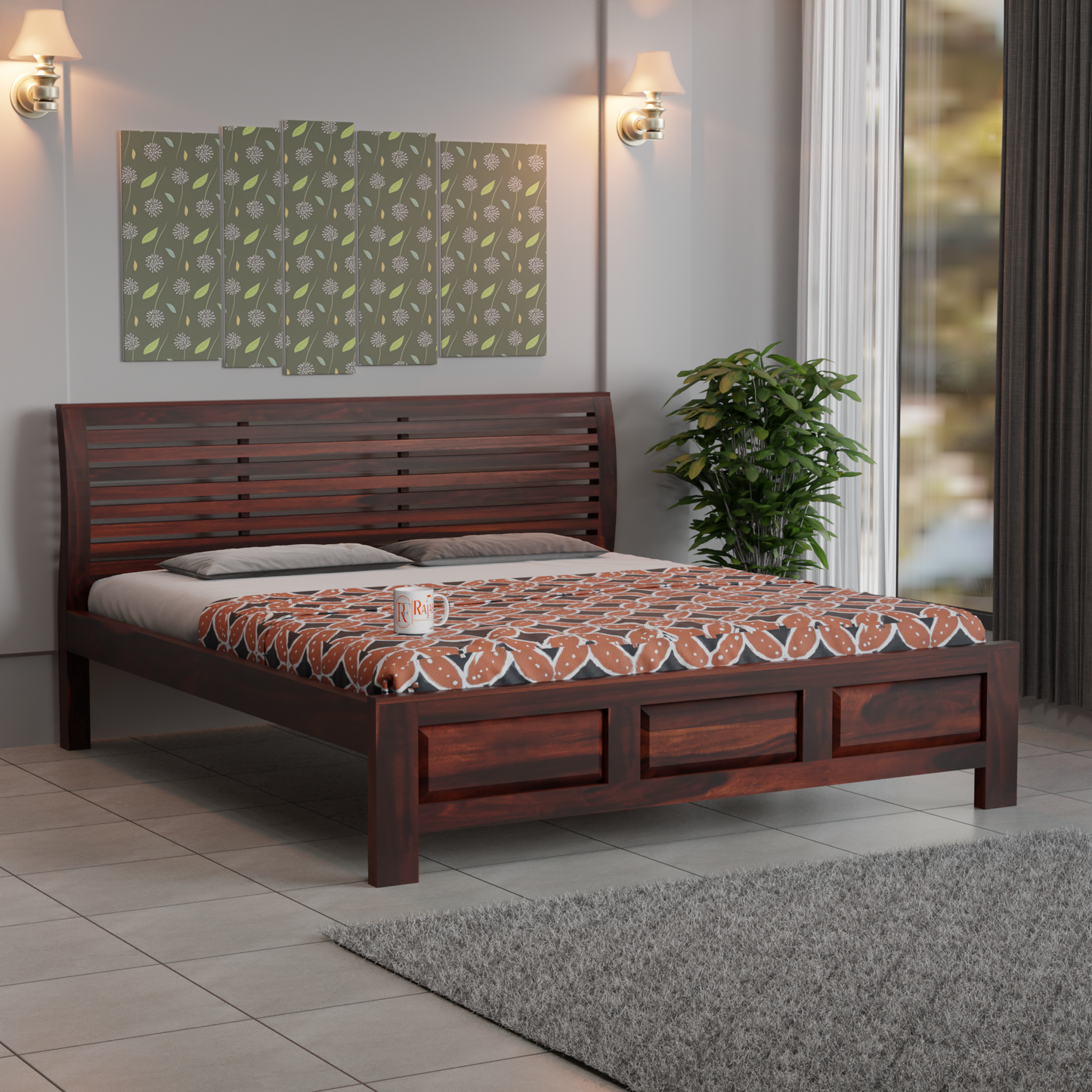 Solid Sheesham Wood King Size Bed with Headboard | Double Bed without Storage in Natural Finish | Double Bed for Bed room