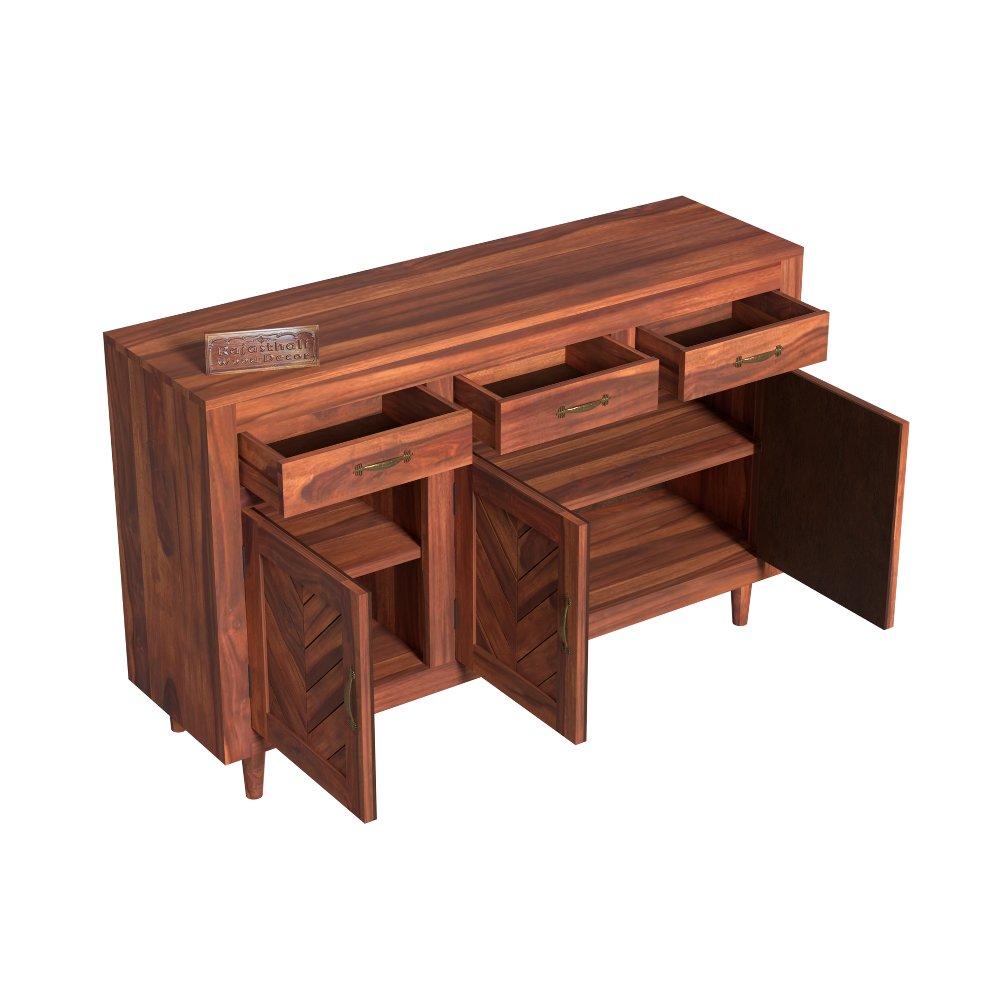 Wooden Sideboard Storage Cabinet with 3 Drawers and 3 Doors Storage Wooden Cabinet for Living Room in Natural Finish - Rajasthali Furniture 