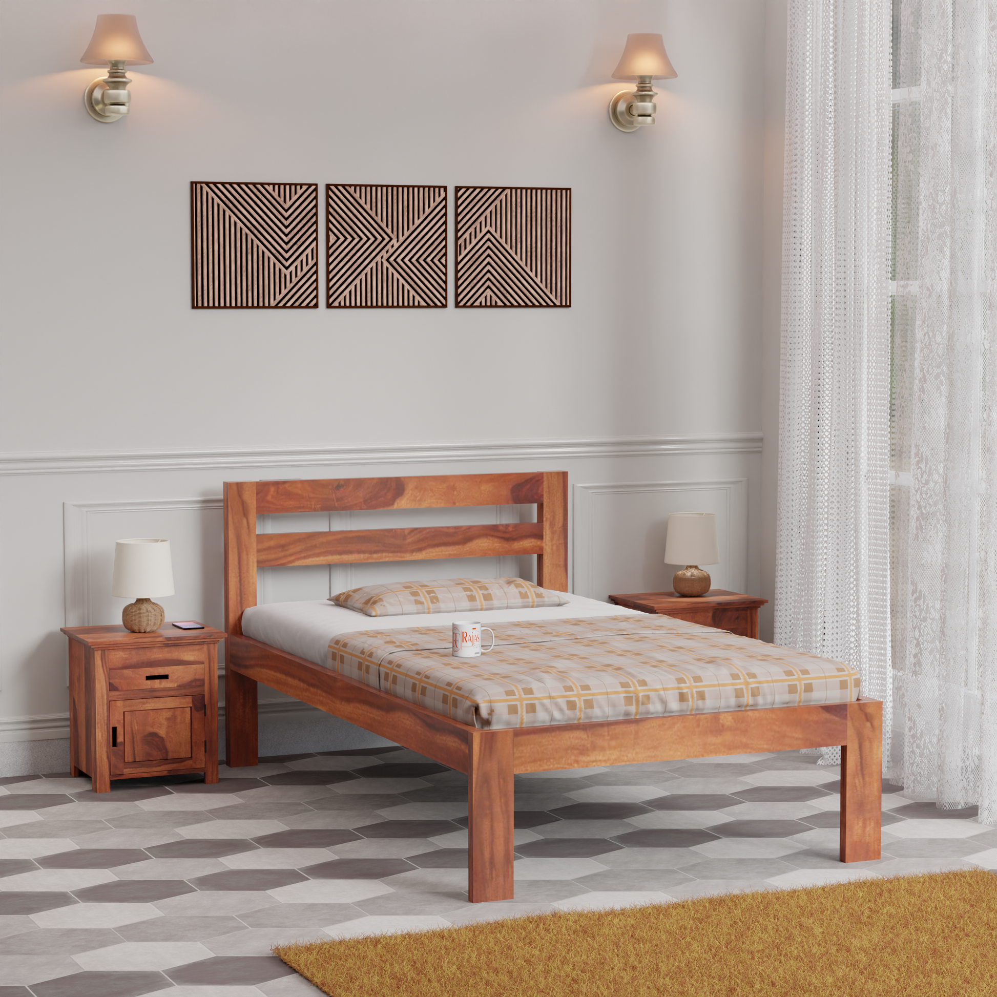 Wooden Single Bed with Open Design Headboard without storage For Bedrrom and kids room in Natural Finish - Rajasthali Furniture 