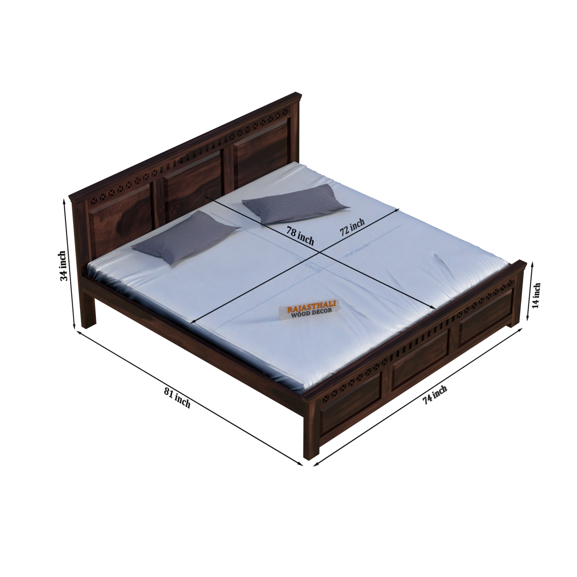 Solid Sheesham Wood King Size Bed with Headboard and Without Storage, Walnut Finish - Rajasthali Furniture 