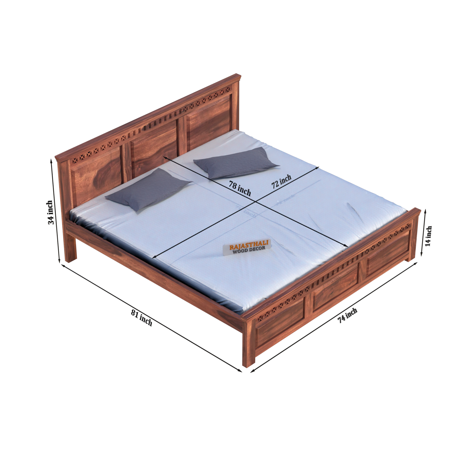 Solid Sheesham Wood King Size Bed with Headboard and Without Storage, Natural Finish - Rajasthali Furniture 