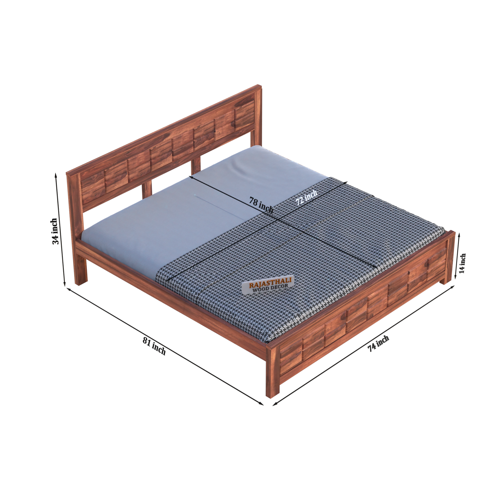 Solid Sheesham Wood King Size Bed with Headboard and Without Storage, Natural Finish - Rajasthali Furniture 