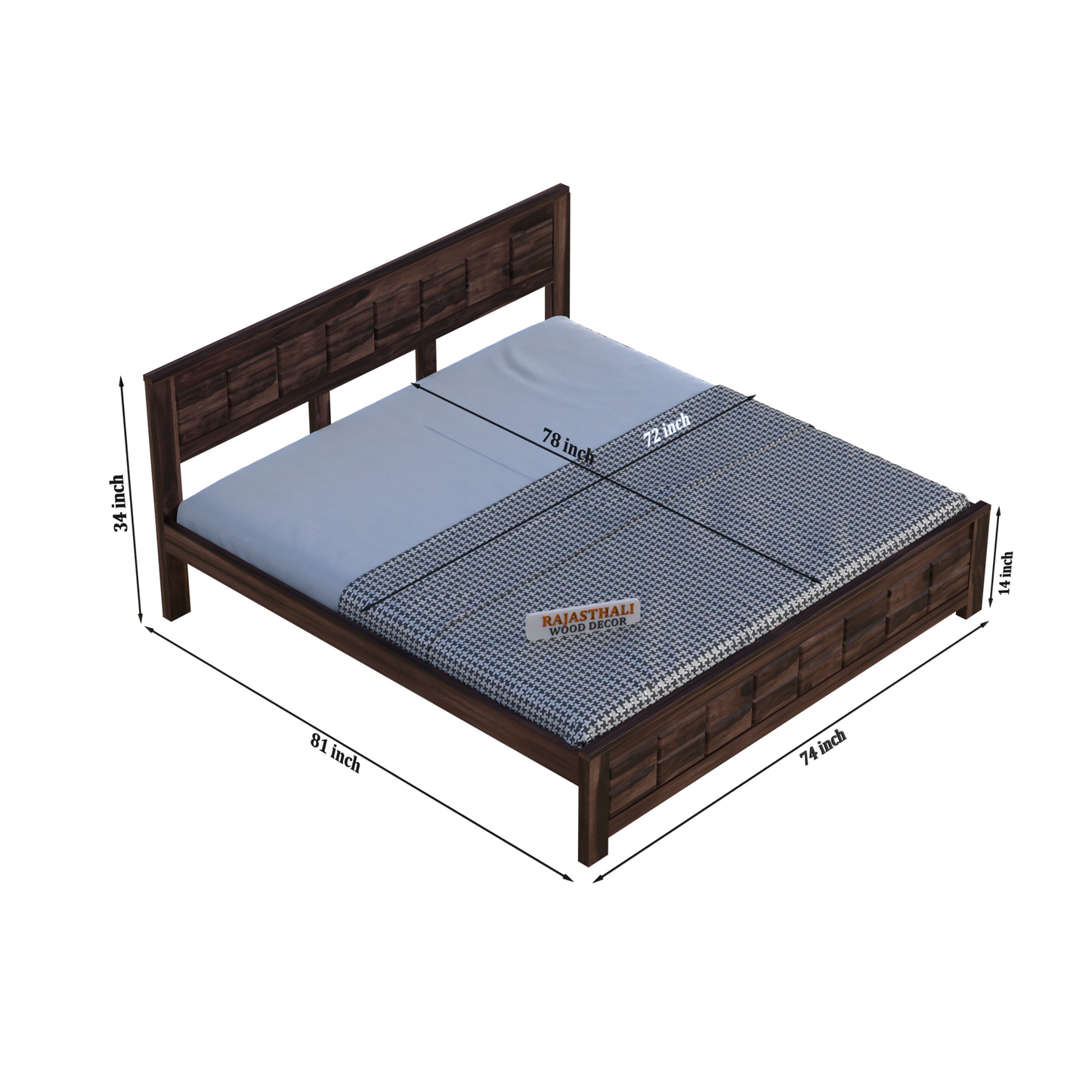 Solid Sheesham Wood King Size Bed with Headboard and Without Storage, Walnut Finish - Rajasthali Furniture 
