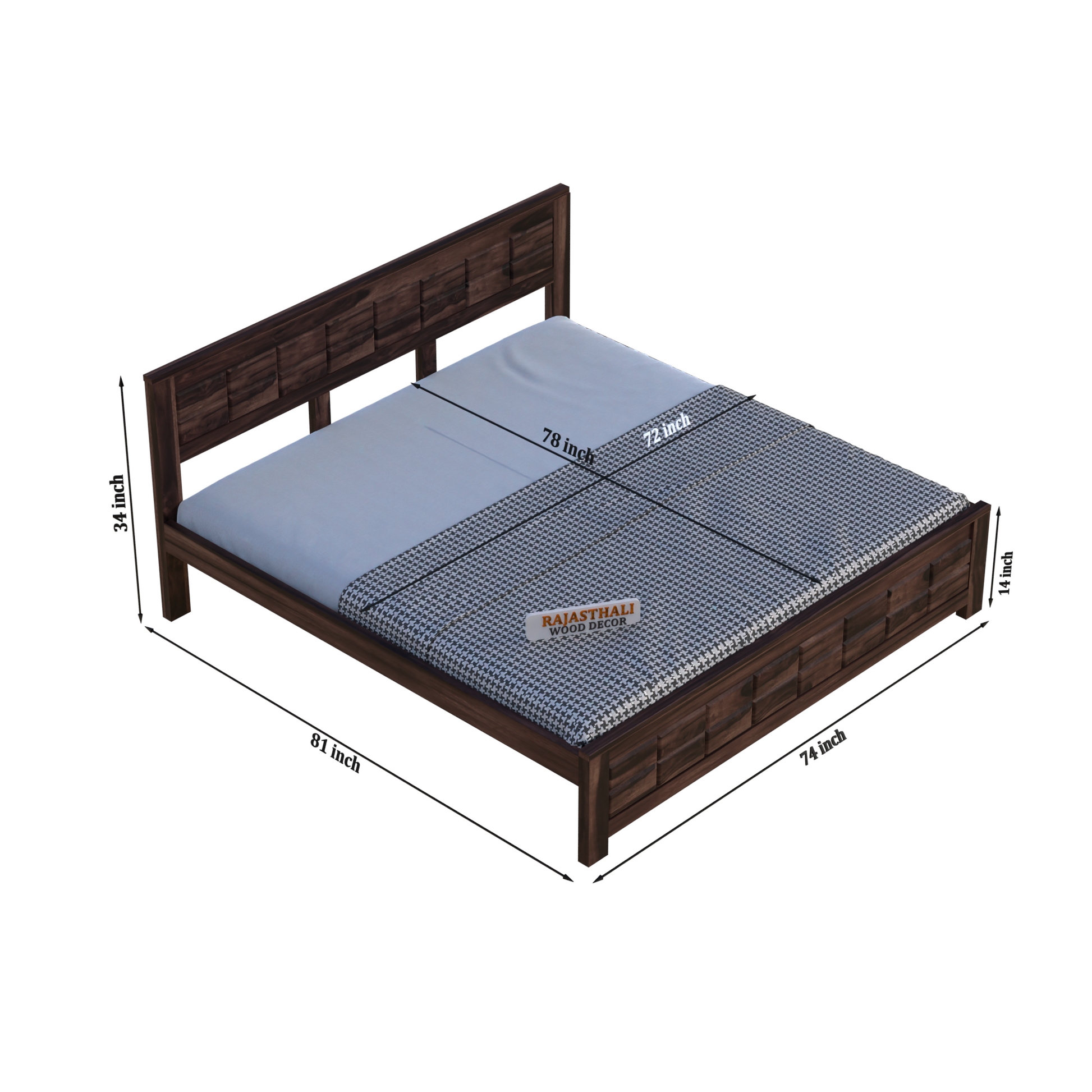 Solid Sheesham Wood King Size Bed with Headboard and Without Storage, Walnut Finish - Rajasthali Furniture 