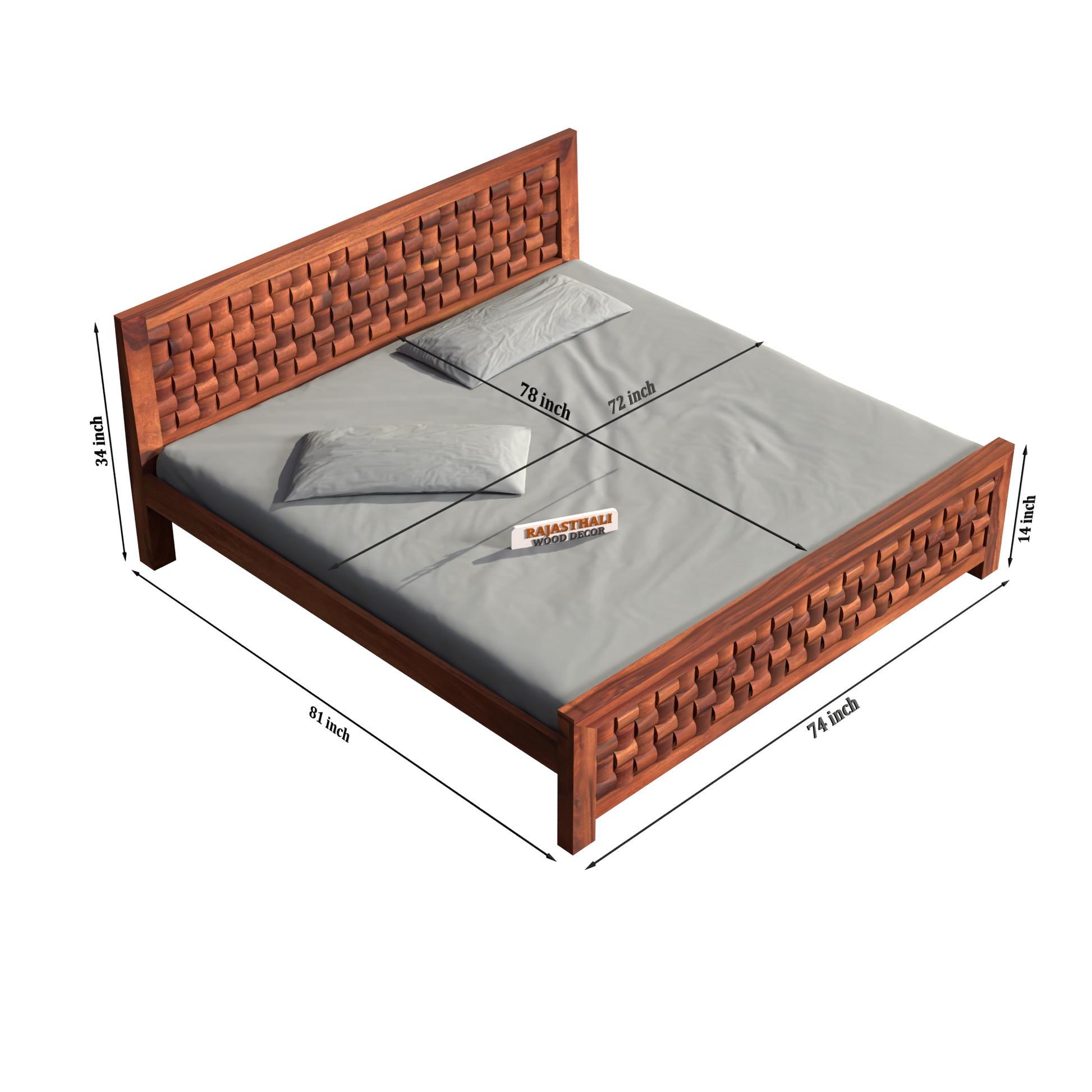 Solid Sheesham Wood King Size Bed with Headboard and Without Storage, Natural Finish - Rajasthali Furniture 