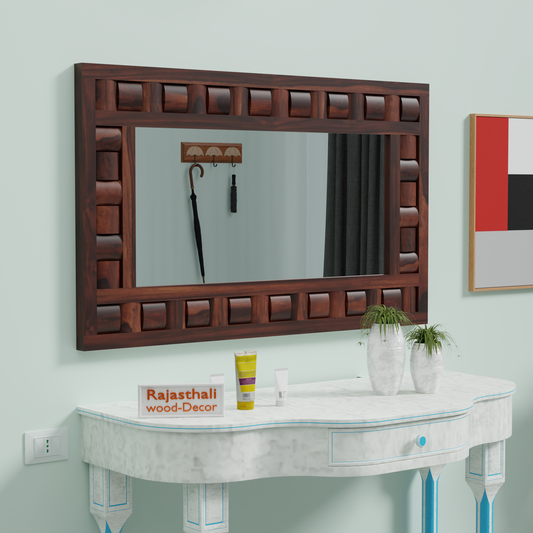 Doyle Wooden Niwar Design Wall Mirror cum Dresser Mirror for Bedroom or Washroom in Natural and Walnut Finish 46inches - Rajasthali Furniture 