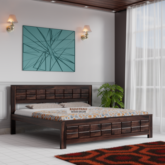 Solid Sheesham Wood King Size Bed with Headboard and Without Storage, Walnut Finish - Rajasthali Furniture 