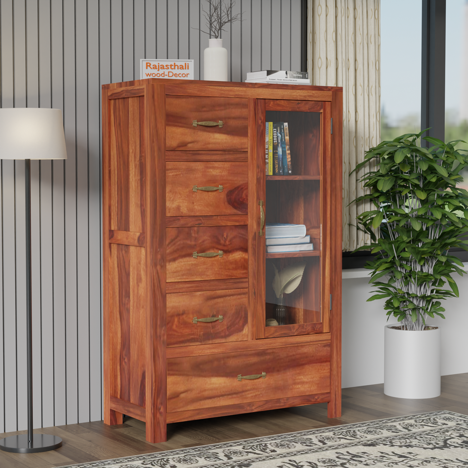 Wooden Display Sideboard cabinet cum chest of drawers for living room - Rajasthali Furniture 