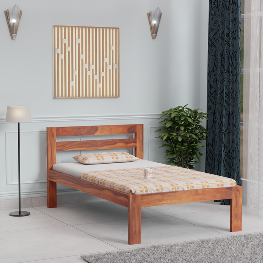 Wooden Single Bed with Open Design Headboard without storage For Bedrrom and kids room in Natural Finish - Rajasthali Furniture 