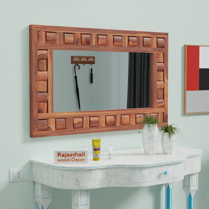Doyle Wooden Niwar Design Wall Mirror cum Dresser Mirror for Bedroom or Washroom in Natural and Walnut Finish 46inches - Rajasthali Furniture 