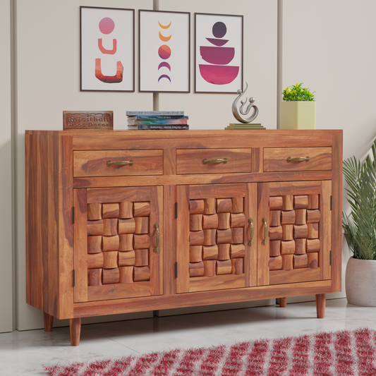 Wooden Sideboard Storage Cabinet with 3 Drawers and 3 Doors Storage Wooden Cabinet for Living Room in Natural Finish - Rajasthali Furniture 