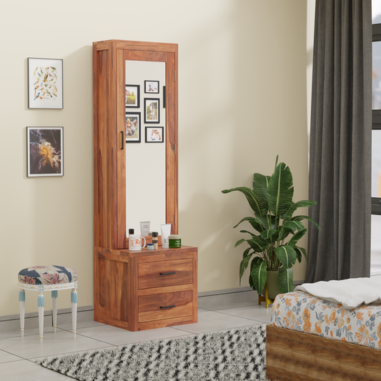 Two Drawer Wooden Dressing Table with Storage and Mirror Dressing Table in Honey Oak and walnut Color With Natural Finish - Rajasthali Furniture 