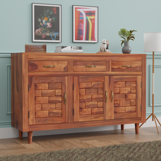 Wooden Sideboard Storage Cabinet with 3 Drawers and 3 Doors Storage Wooden Cabinet for Living Room in Natural Finish - Rajasthali Furniture 