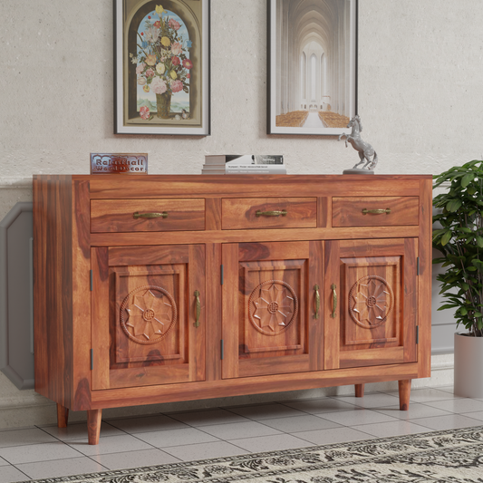 Wooden Sideboard Storage Cabinet with 3 Drawers and 3 Doors Storage Wooden Cabinet for Living Room in Natural Finish - Rajasthali Furniture 
