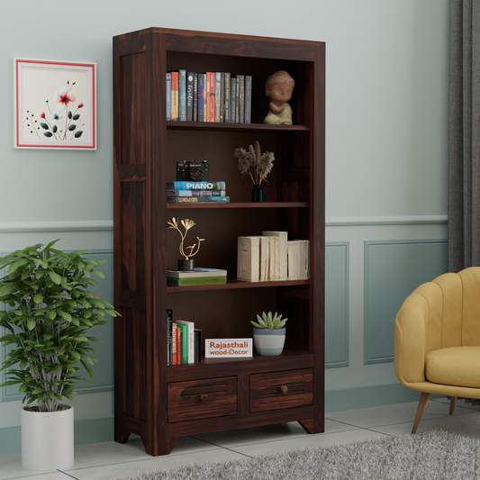 Wooden  Two Drawer 3 Shelves book shelf cum display cabinet in dark Color with Walnut Finish - Rajasthali Furniture 