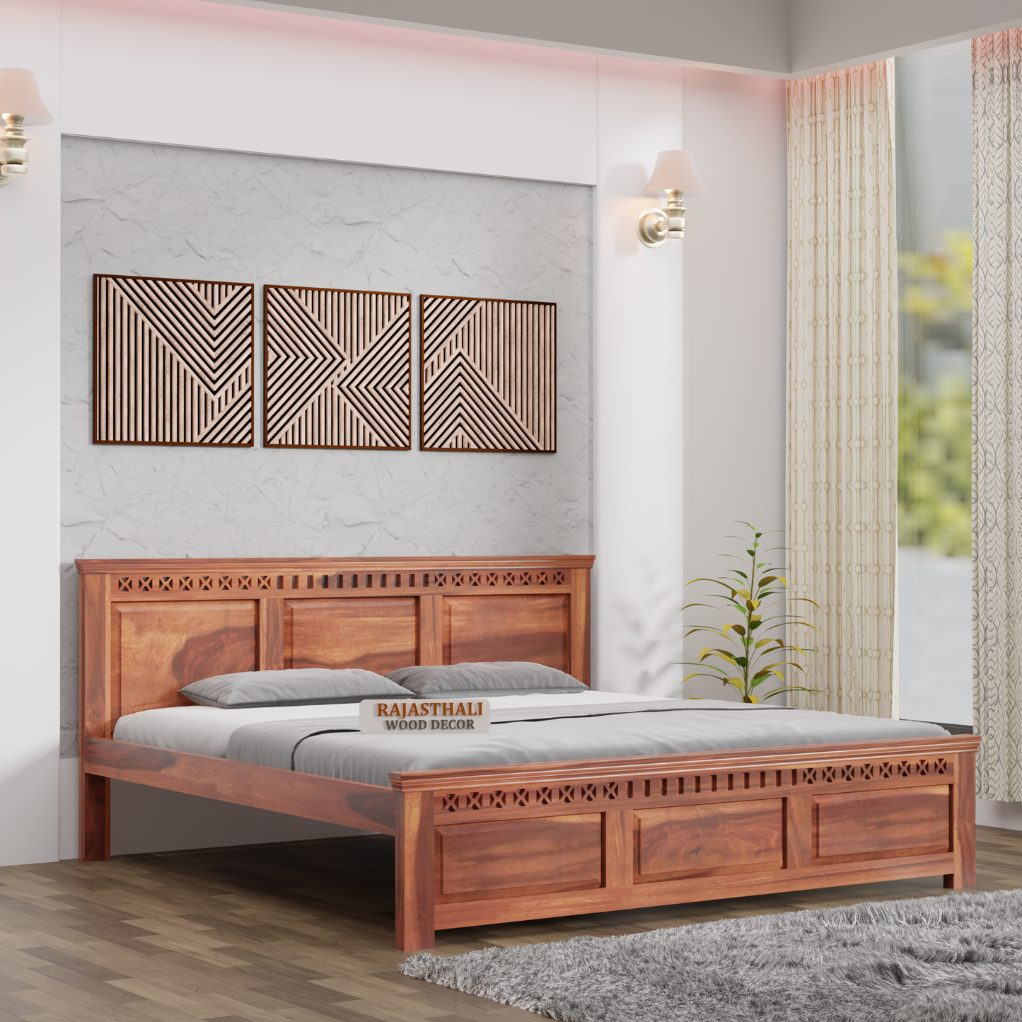 Solid Sheesham Wood King Size Bed with Headboard and Without Storage, Natural Finish - Rajasthali Furniture 