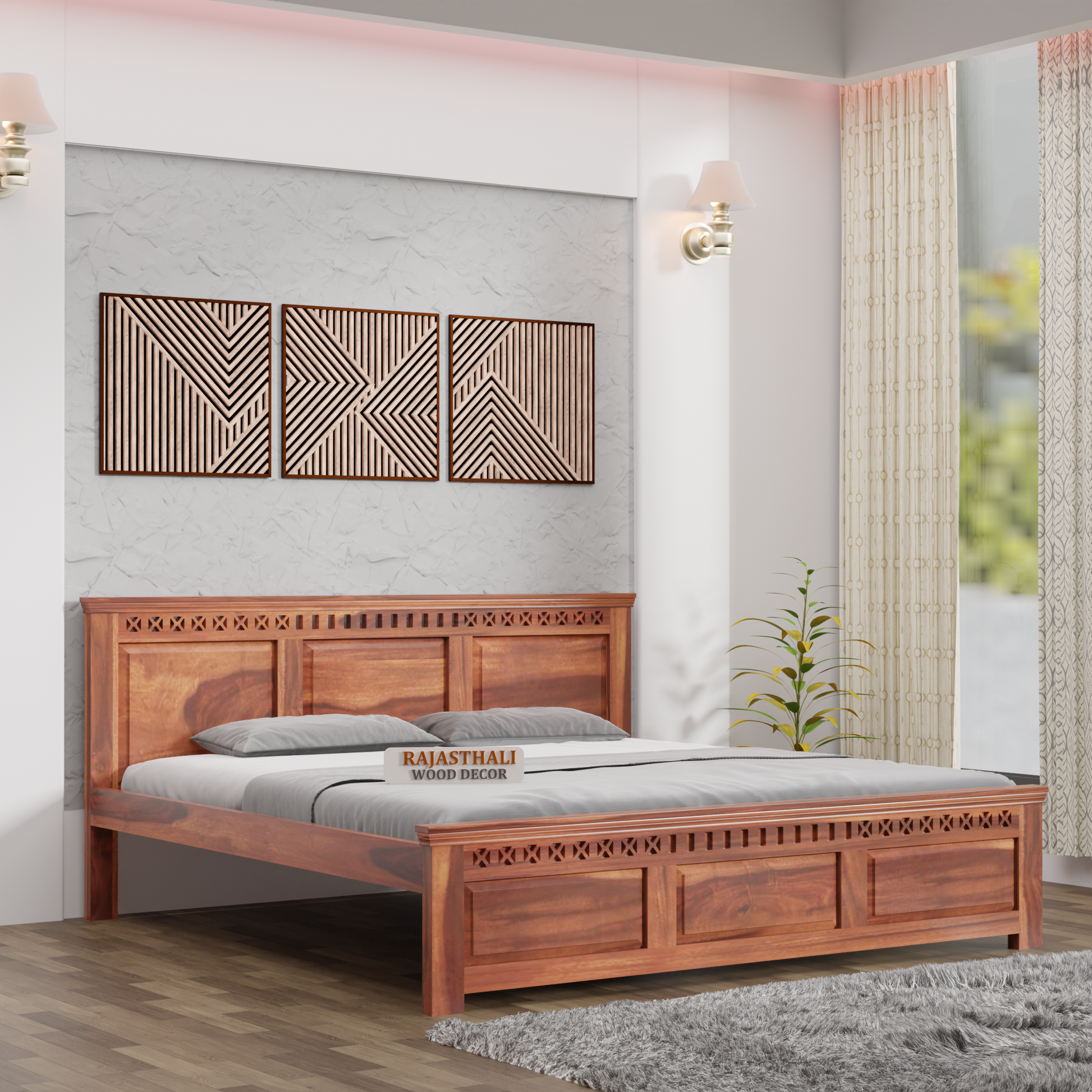 Solid Sheesham Wood King Size Bed with Headboard and Without Storage, Natural Finish - Rajasthali Furniture 