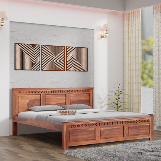 Solid Sheesham Wood King Size Bed with Headboard and Without Storage, Natural Finish - Rajasthali Furniture 