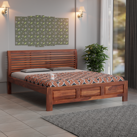 Solid Sheesham Wood King Size Bed with Headboard | Double Bed without Storage in Natural Finish | Double Bed for Bed room