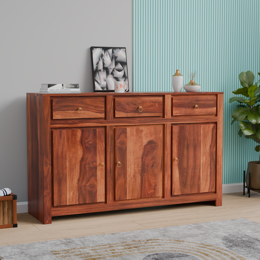Wooden Side Cabinet with Wooden Doors, 3 Doors and 3 drawers Storage Unit in Natural Finish and walnut finish