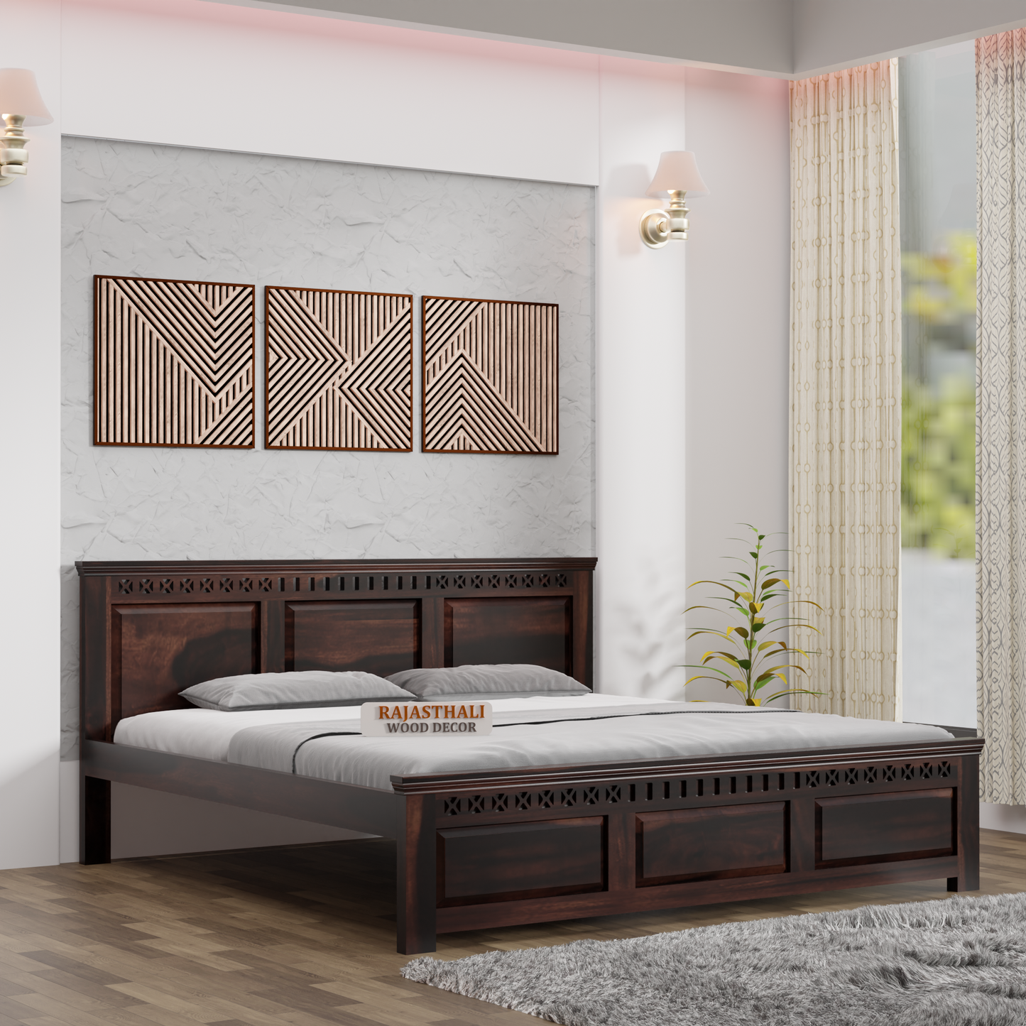 Solid Sheesham Wood King Size Bed with Headboard and Without Storage, Walnut Finish - Rajasthali Furniture 