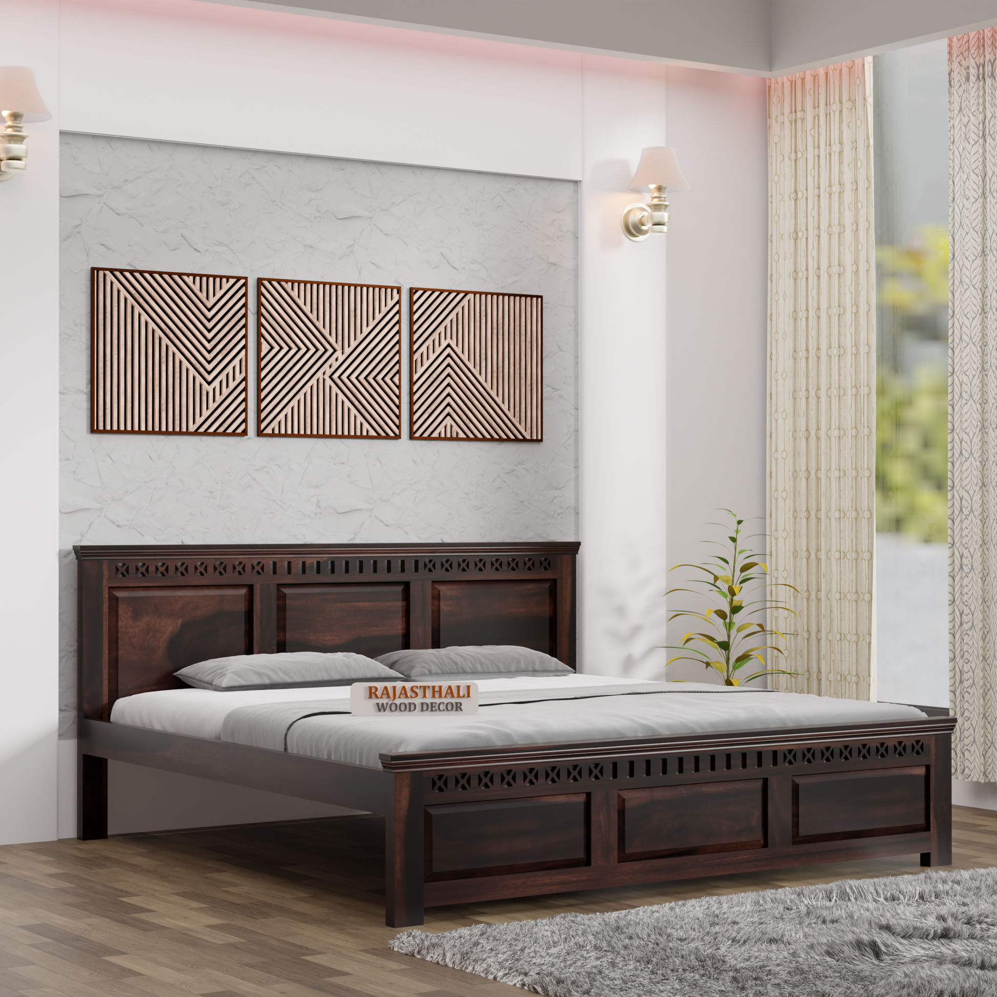 Solid Sheesham Wood King Size Bed with Headboard and Without Storage, Walnut Finish - Rajasthali Furniture 