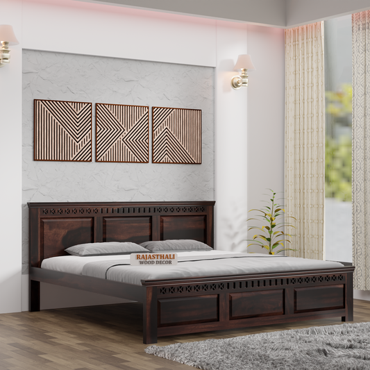 Solid Sheesham Wood King Size Bed with Headboard and Without Storage, Walnut Finish - Rajasthali Furniture 