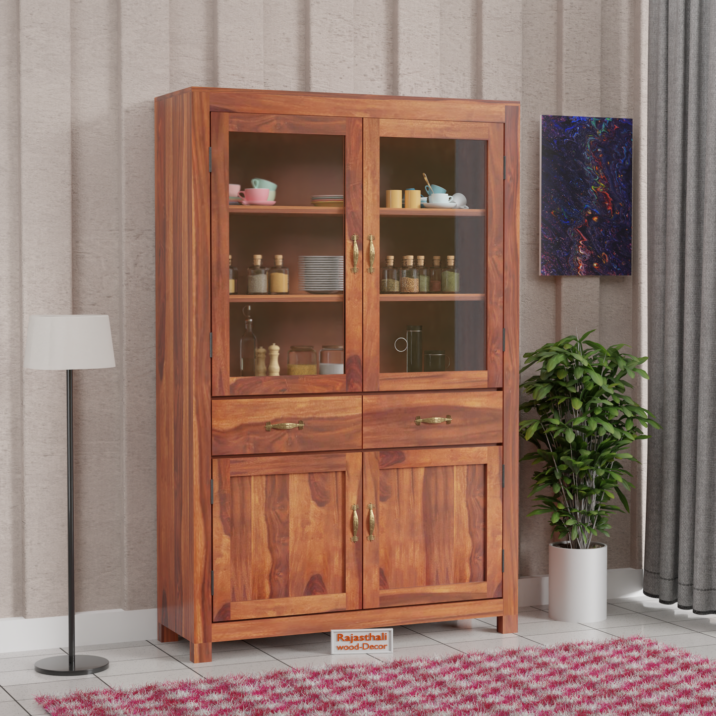 Bened Wooden Glass and Wooden Door Cabinet with two Drawer for Study and kitchen room in Natural and Walnut Finish - Rajasthali Furniture 