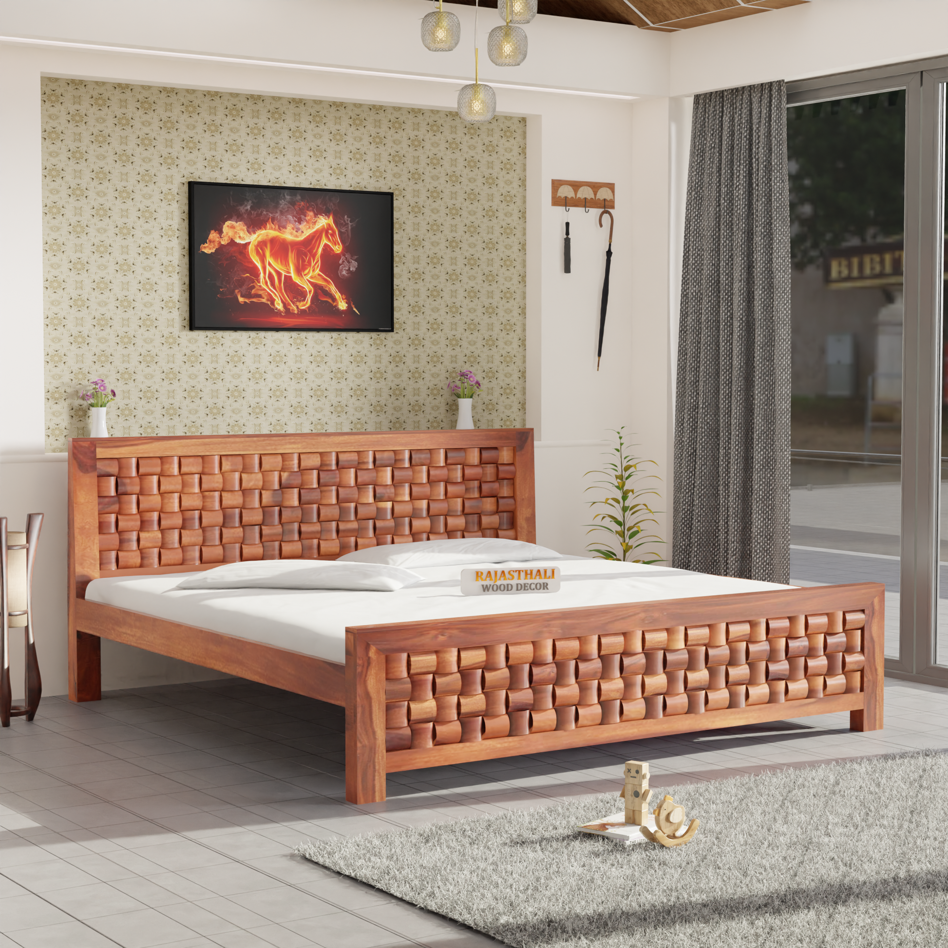 Solid Sheesham Wood King Size Bed with Headboard and Without Storage, Natural Finish - Rajasthali Furniture 