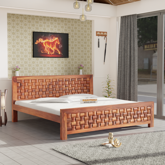 Solid Sheesham Wood King Size Bed with Headboard and Without Storage, Natural Finish - Rajasthali Furniture 