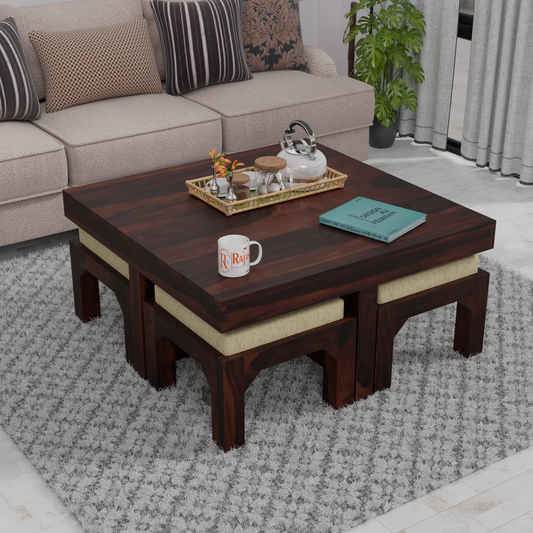 Kerry Wooden Center Table cum Coffee Table with four Stool with upholstery in Natural and walnutFinish 35" - Rajasthali Furniture 