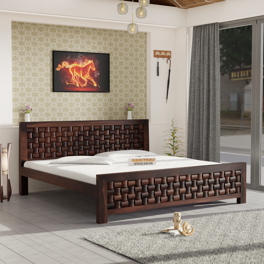 Solid Sheesham Wood King Size Bed with Headboard and Without Storage, Walnut Finish - Rajasthali Furniture 