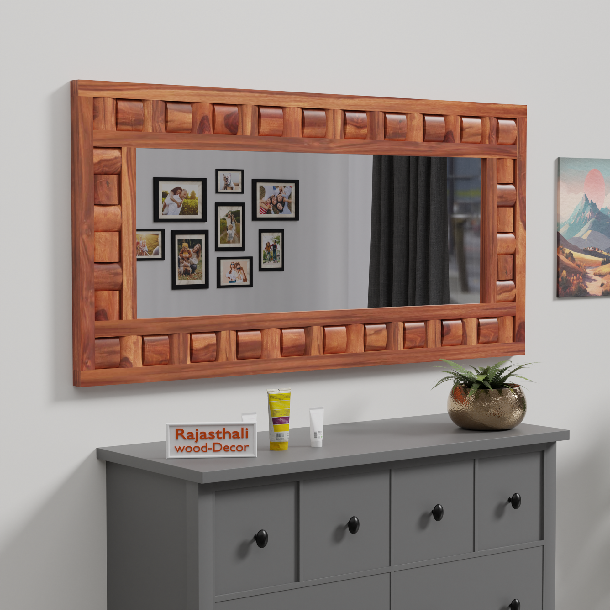 Doyle Wooden Niwar Design Wall Mirror cum Dresser Mirror for Bedroom or Washroom in Natural and Walnut Finish 58 inches - Rajasthali Furniture 