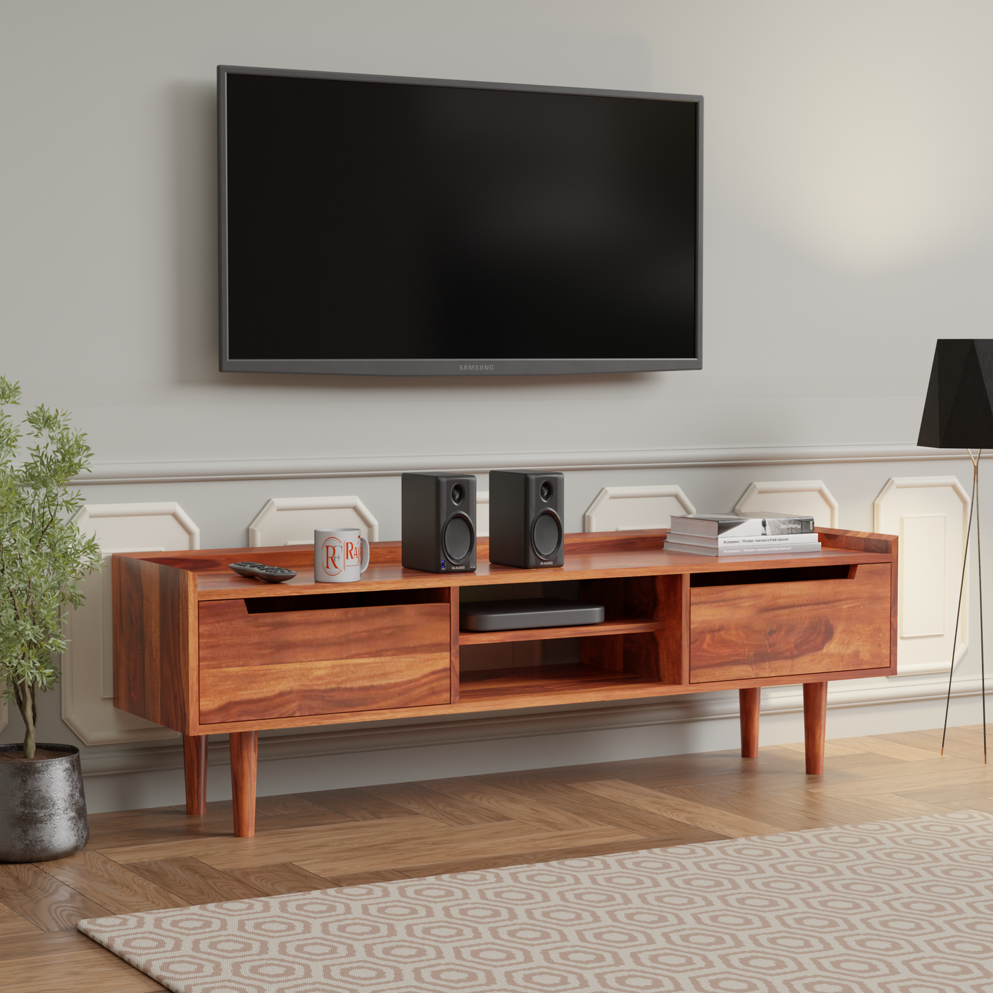 Solid Wood Two Door with one center wooden Shelf LCD cabinet with rustic legs in honey oak finish