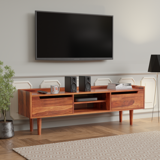 Solid Wood Two Door with one center wooden Shelf LCD cabinet with rustic legs in honey oak finish