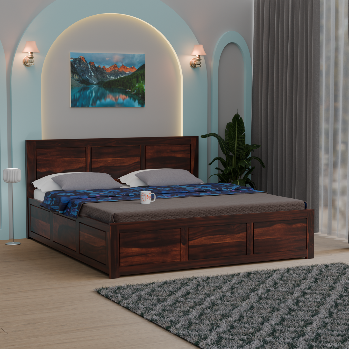 Solid Sheesham Wood King Size Bed with Headboard | Double Bed with Storage in Natural and Walnut Finish