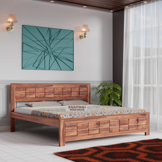 Solid Sheesham Wood King Size Bed with Headboard and Without Storage, Natural Finish - Rajasthali Furniture 