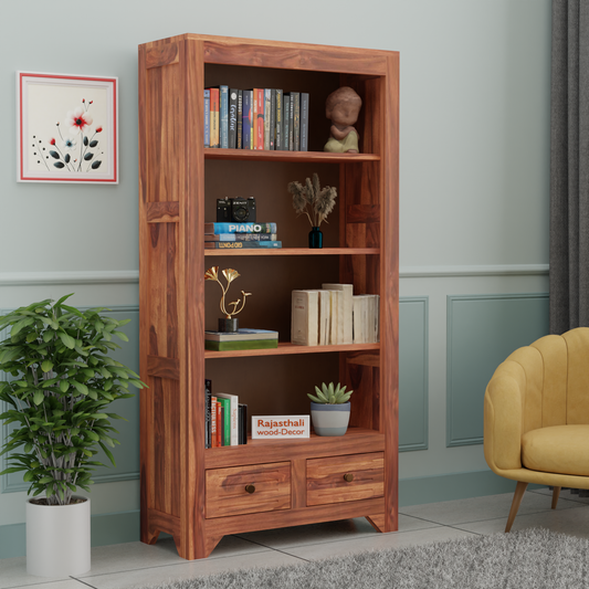 Wooden  Two Drawer 3 Shelves book shelf cum display cabinet in Honey Oak Color with Natural Finish - Rajasthali Furniture 