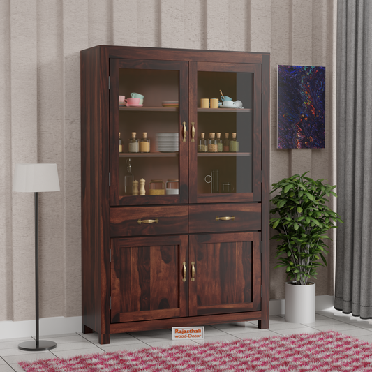 Bened Wooden Glass and Wooden Door Cabinet with two Drawer for Study and kitchen room in Natural and Walnut Finish - Rajasthali Furniture 