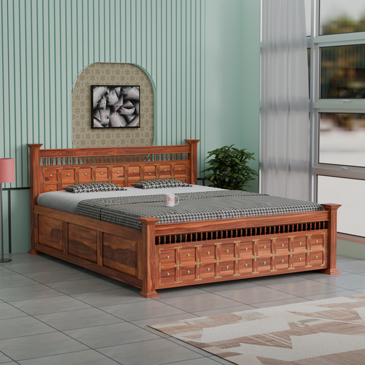 Solid Wood King Size Double with Brass LT Plus Design in Honey Oak and Walnut Color