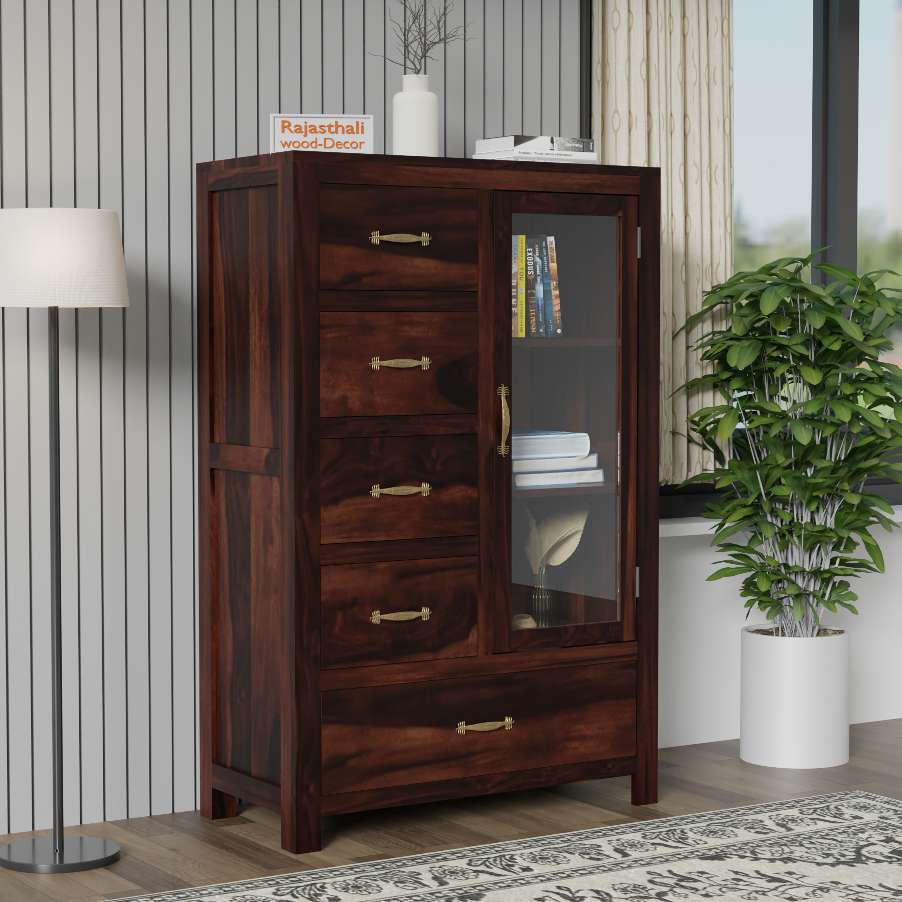 Wooden Display Sideboard cabinet cum chest of drawers for living room - Rajasthali Furniture 