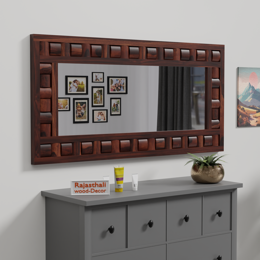 Doyle Wooden Niwar Design Wall Mirror cum Dresser Mirror for Bedroom or Washroom in Natural and Walnut Finish 58 inches - Rajasthali Furniture 