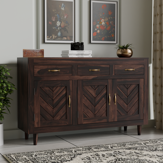 Wooden Sideboard Storage Cabinet with 3 Drawers and 3 Doors Storage Wooden Cabinet for Living Room in Walnut Finish - Rajasthali Furniture 