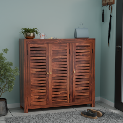 Haze Solid Wood Three Door One Drawer Shoe Rack in Honey Oak Finish