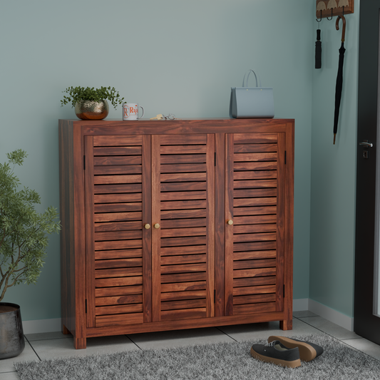 Haze Solid Wood Three Door One Drawer Shoe Rack in Honey Oak Finish