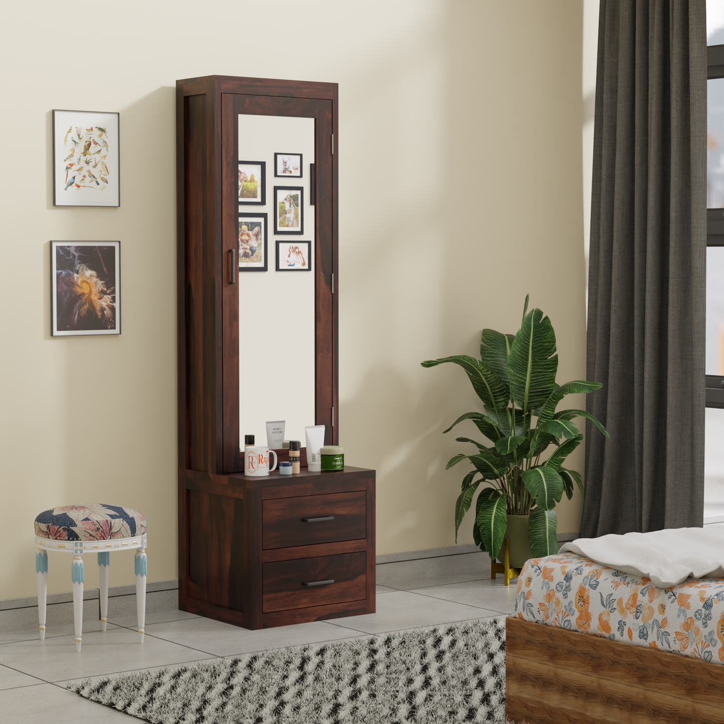 Two Drawer Wooden Dressing Table with Storage and Mirror Dressing Table in Honey Oak and walnut Color With Natural Finish - Rajasthali Furniture 