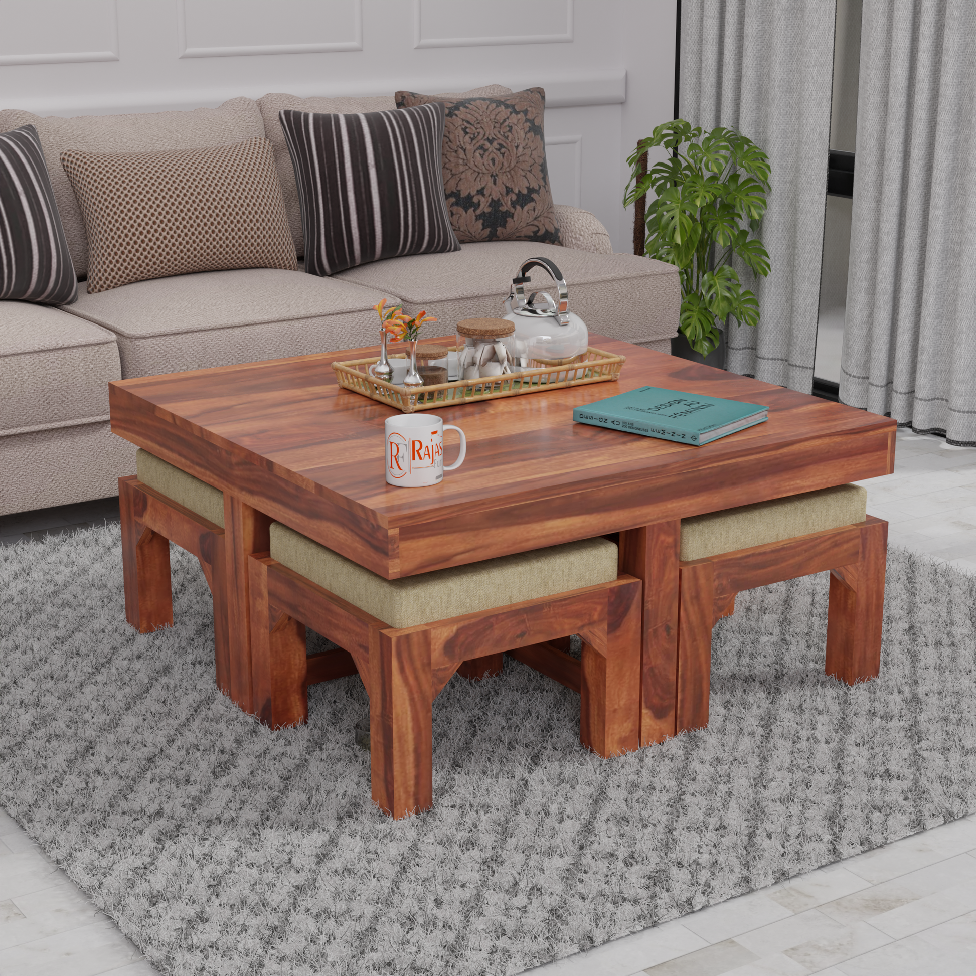 Kerry Wooden Center Table cum Coffee Table with four Stool with upholstery in Natural and walnutFinish 35" - Rajasthali Furniture 